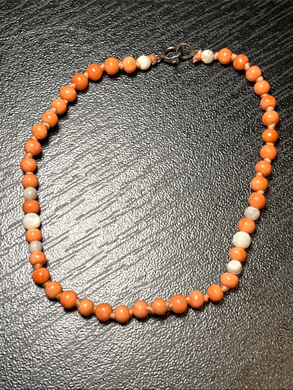 Vintage Coral Mother of Pearl Beaded Handknotted 925 Sterling Silver Bracelet